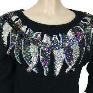Vintage 80s De Rotchild Silk Angora Sequined Feathers Pullover Sweater Medium